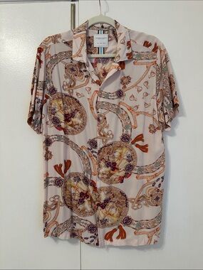 Denim&Flower Men Cream Short Sleeve Button-Up Shirt with Brown & Orange Pattern
